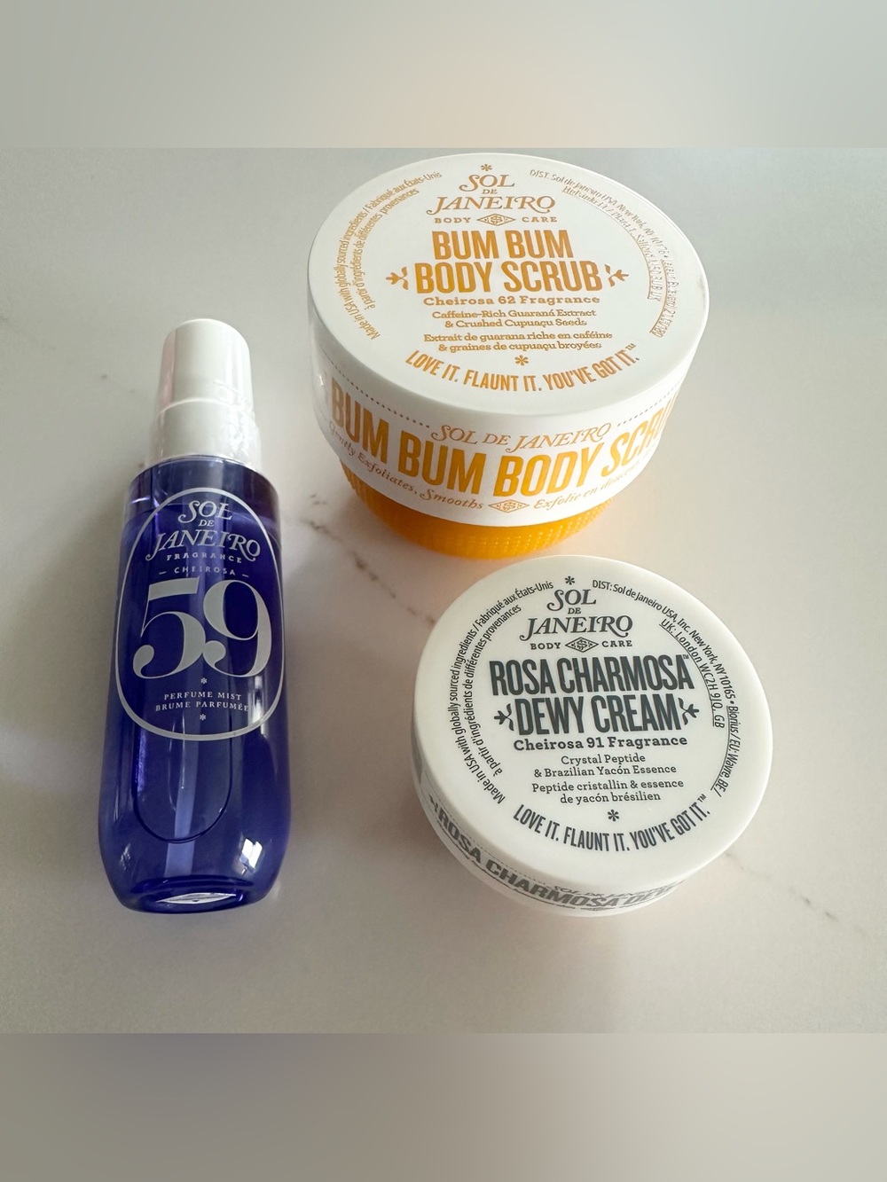 NEW Sol de Janeiro Rosa Charmosa Dewy Cream, 62 Bum Bum Body Scrub, Cheirosa 59